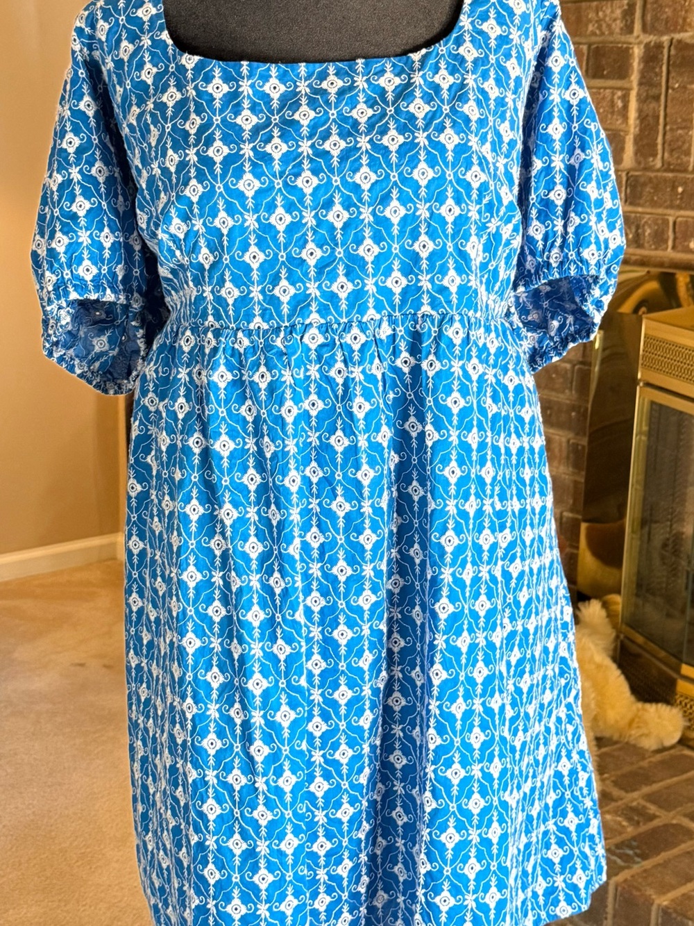 RHODE Blue and White Patterned Midi Dress